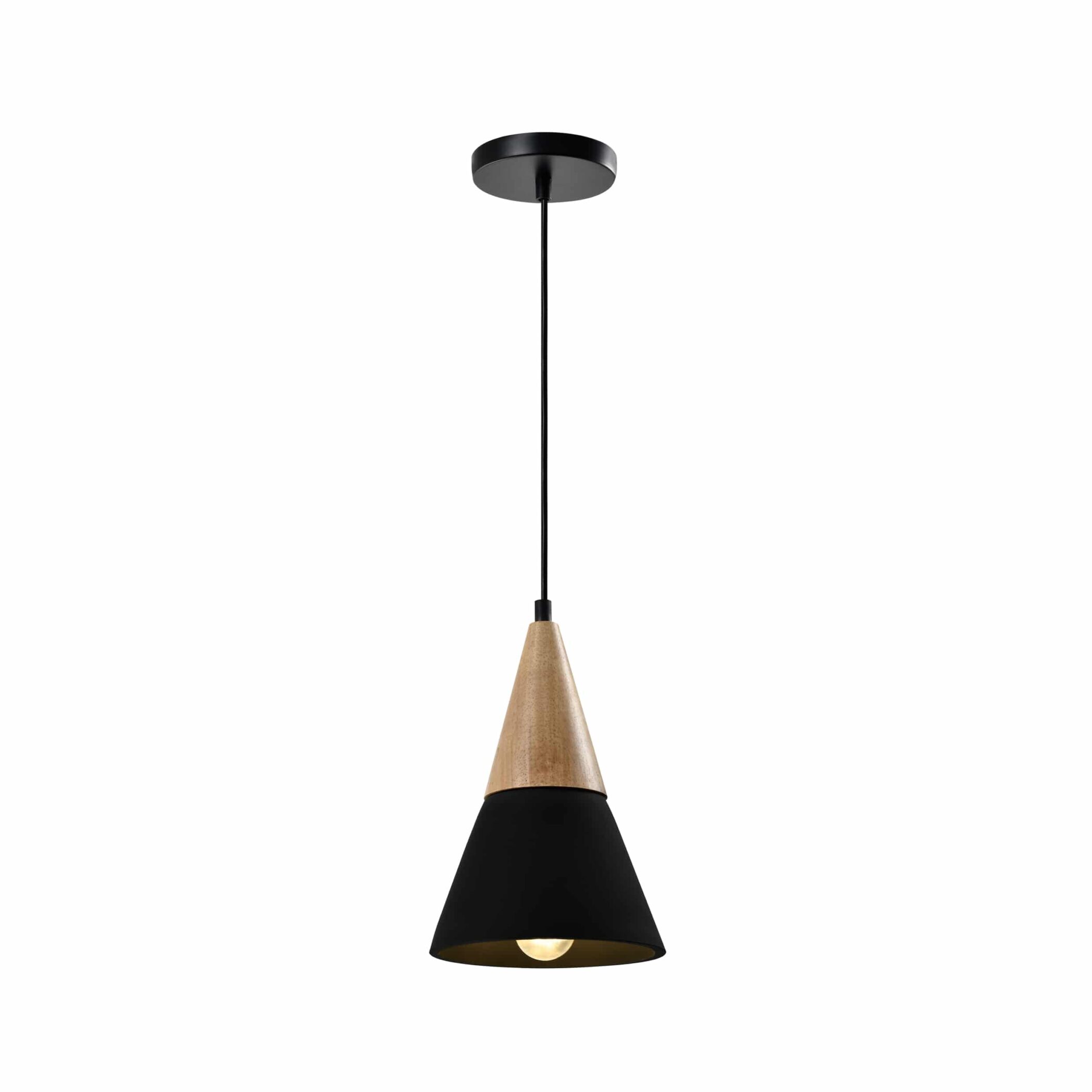 QUVIO Hanglamp landelijk - Kegel van beton - Houten kop - D 18 cm - Zwart