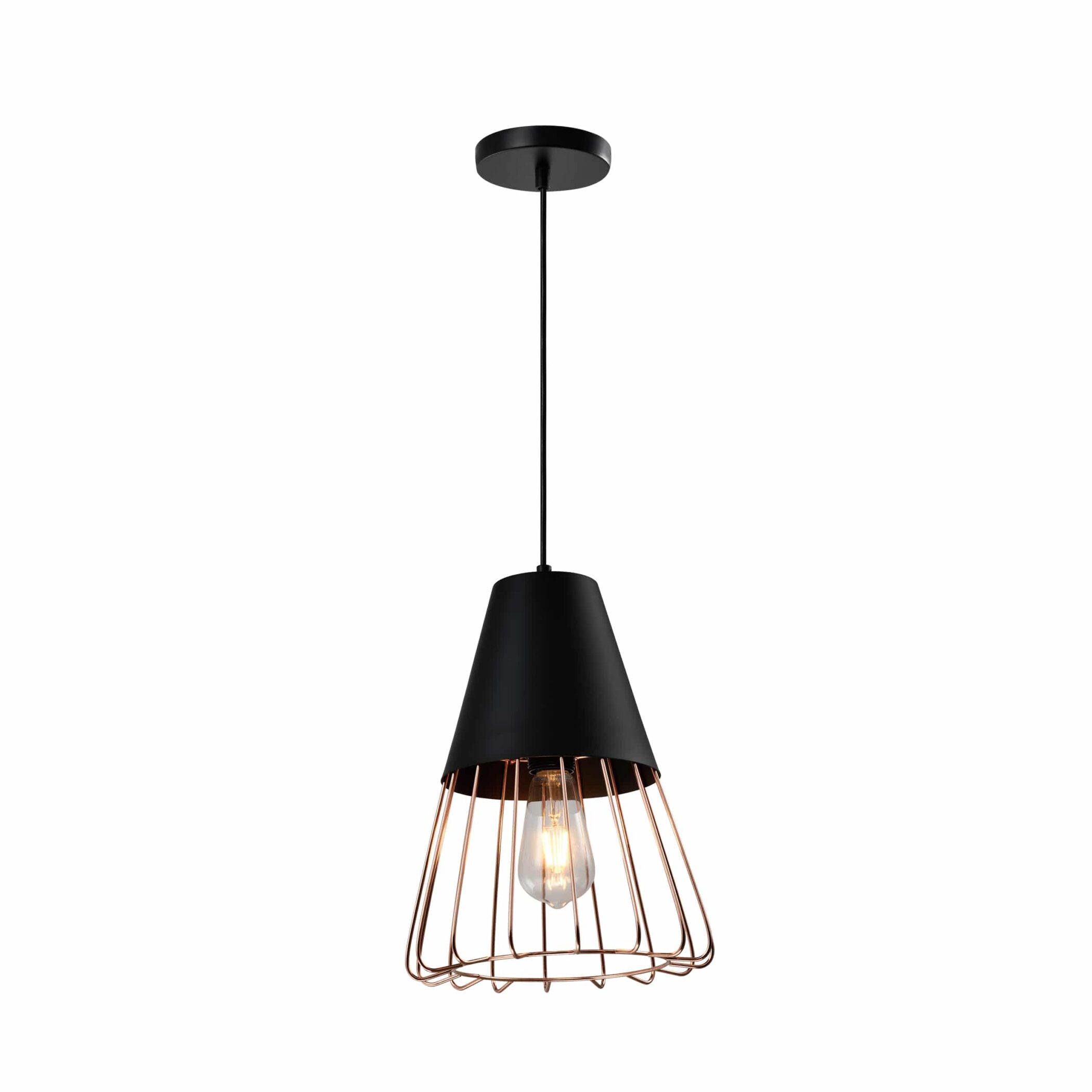 QUVIO Hanglamp industrieel - Rose gold staaldraad - D 26 cm - Zwart