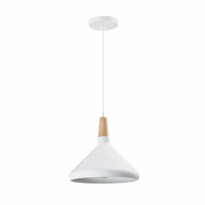 Wit metalen hanglamp met hout