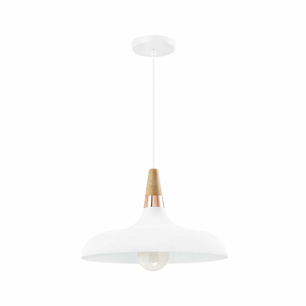 Witte hanglamp met houten kop en een retro design