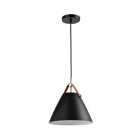 Zwarte kegelvormige lamp met leren riempje