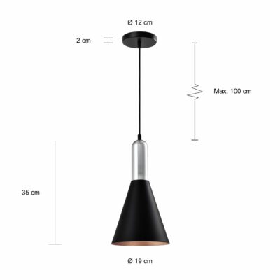 Afmetingen van de kegelvormige lamp met zilveren bovenkant