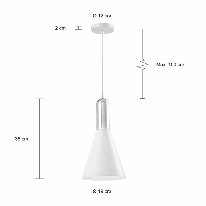 Afmetingen van de kegelvormige hanglampen in moderne stijl met zilveren bovenkant