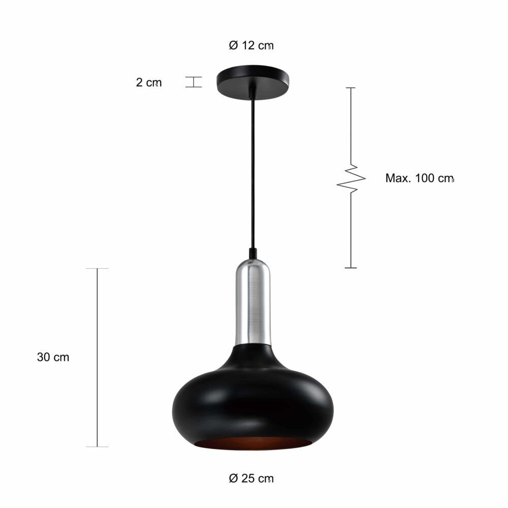 Retro hanglamp maten in het zwart met zilver