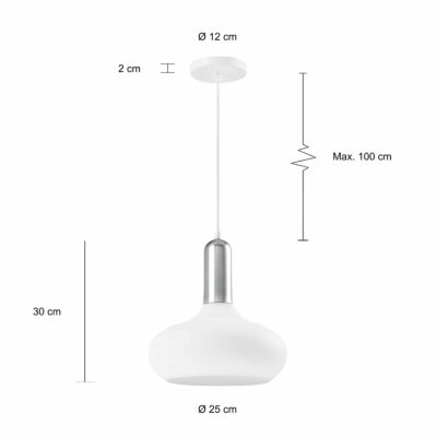 Afmetingen van de witte lamp met zilveren bovenkant en bol vorm