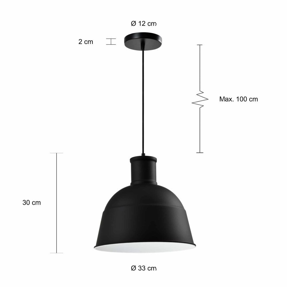 Maten van de zwarte hanglamp met een diameter van 33 cm