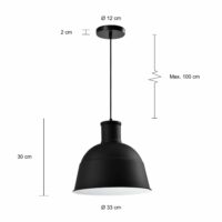Maten van de zwarte hanglamp met een diameter van 33 cm