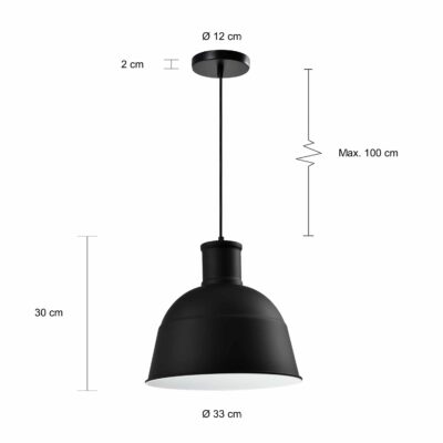 Maten van de zwarte hanglamp met een diameter van 33 cm