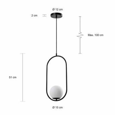 Moderne hanglamp met metalen frame en ronde bal als lamp