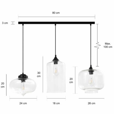 Afmetingen retro glazen vormen lampen set van 3