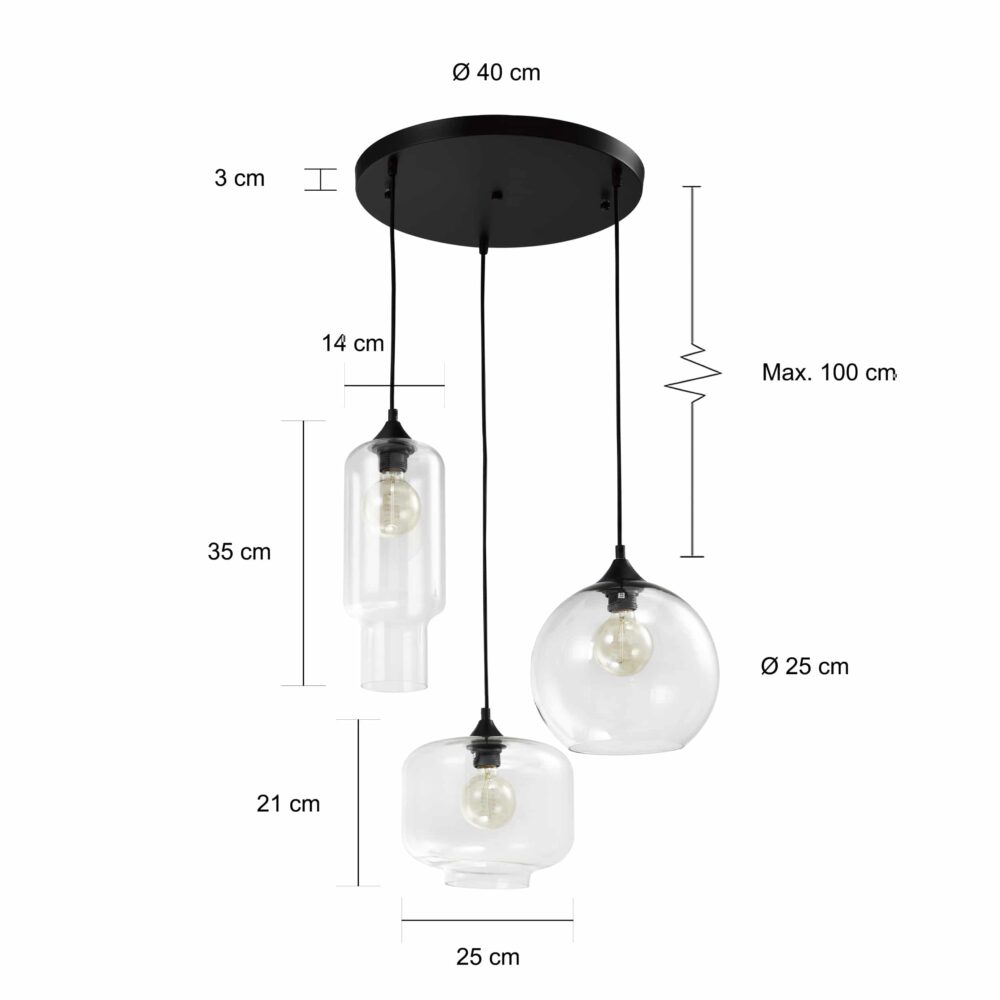 Afmetingen van de retro lampen set met glazen kappen en een diameter van 40 cm