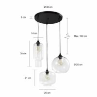 Afmetingen van de retro lampen set met glazen kappen en een diameter van 40 cm