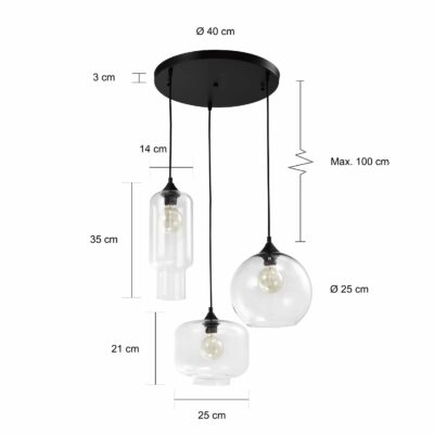 Afmetingen van de retro lampen set met glazen kappen en een diameter van 40 cm