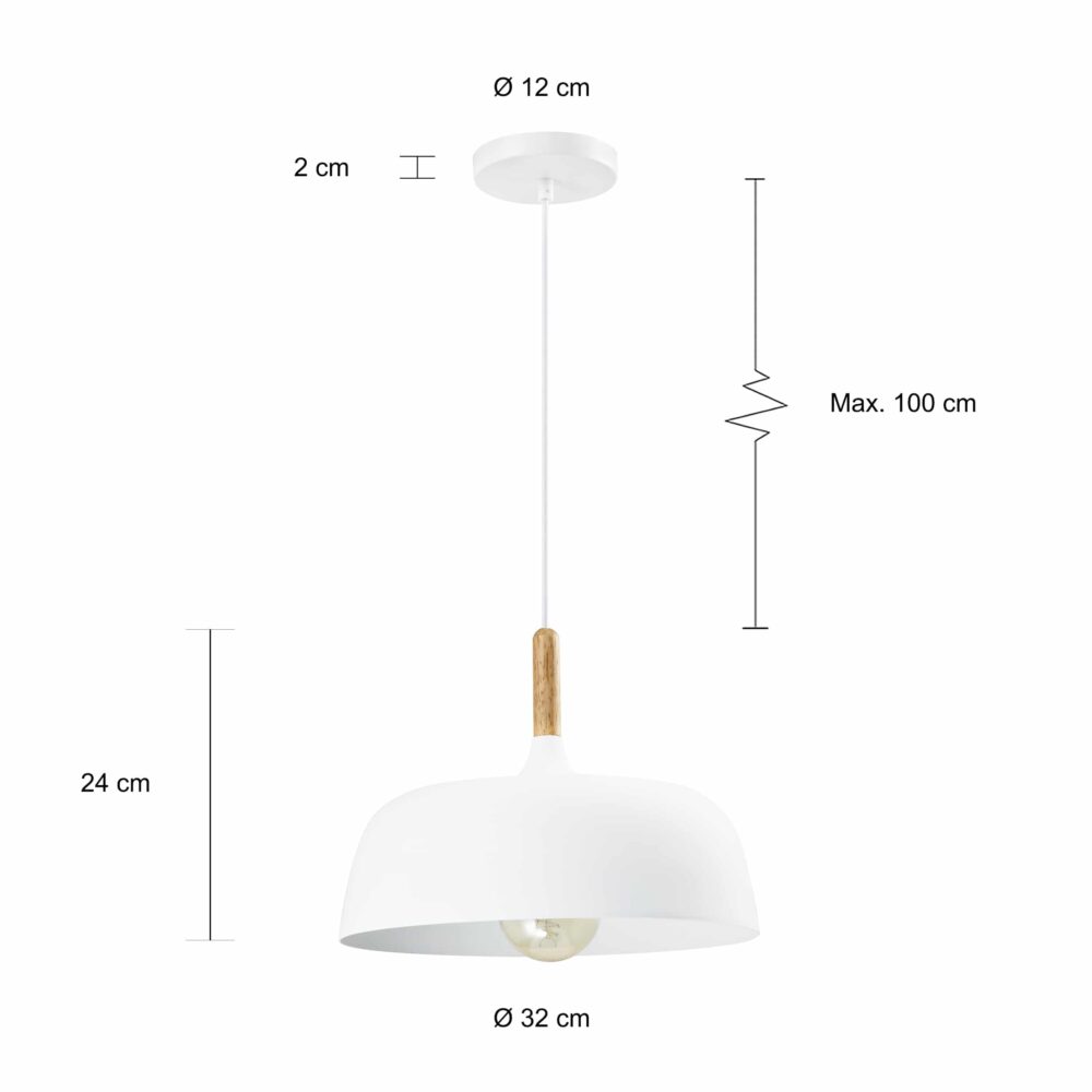 Afmetingen van de witte lamp met afgeronde hoekene en een diameter van 32 cm
