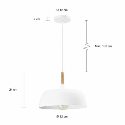 Afmetingen van de witte lamp met afgeronde hoekene en een diameter van 32 cm