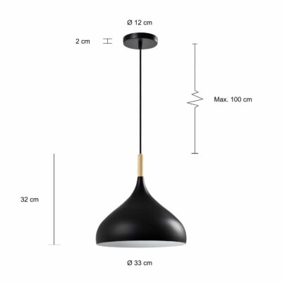 Afmetingen van de bolvormige zwarte lamp met hout