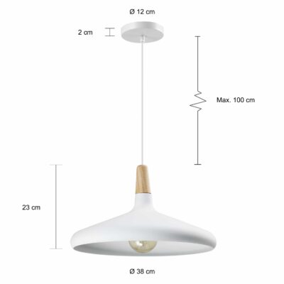 Afmetingen witte lamp met een diameter van 38 cm