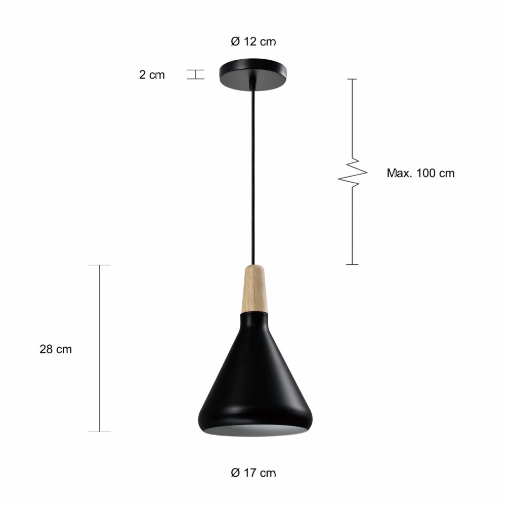 Specificaties zwarte hanglamp met kegeldesign