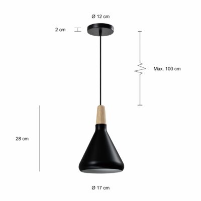 Specificaties zwarte hanglamp met kegeldesign