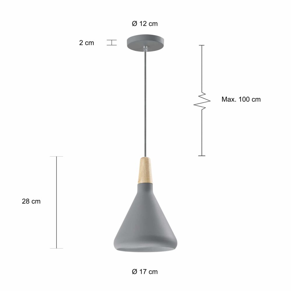 Afmetingen van de grijze Scandinavische lamp met houten kop