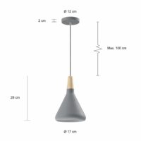 Afmetingen van de grijze Scandinavische lamp met houten kop