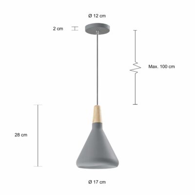 Afmetingen van de grijze Scandinavische lamp met houten kop
