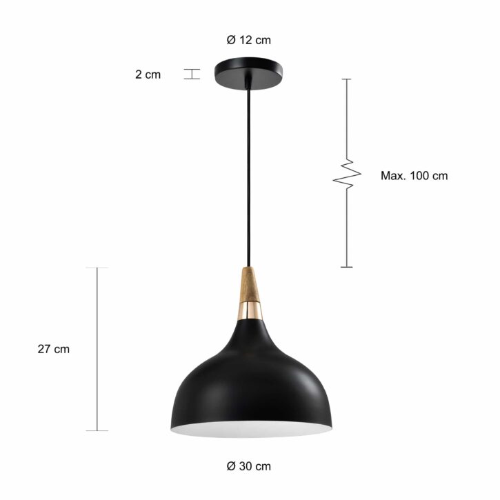 Afmetingen van de zwarte lamp met houten kop en een diameter van 30 cm