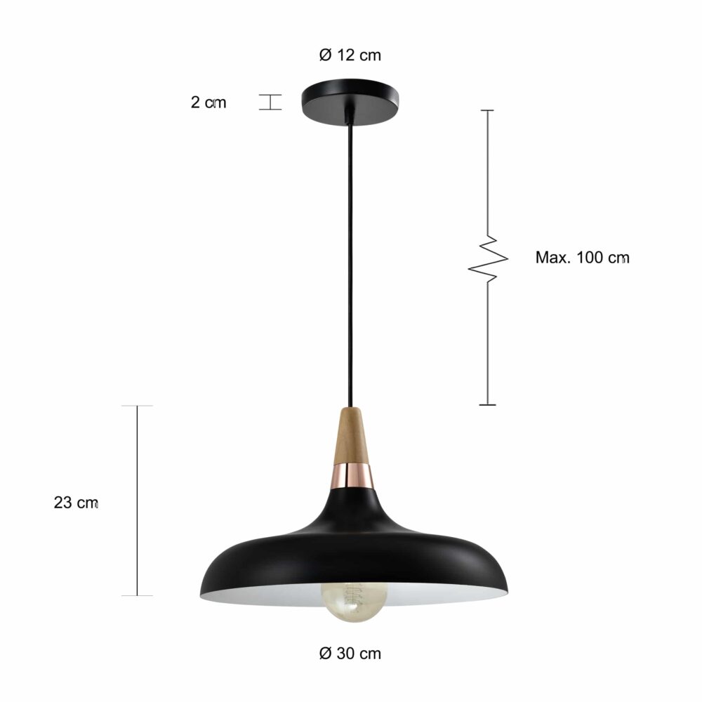 Afmetingen van de zwarte lamp met een diameter van 30 cm