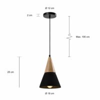 Afmetingen van de zwarte verlichting met houten kop