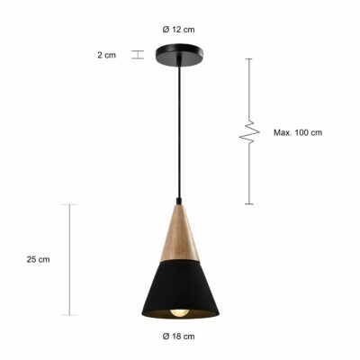 Afmetingen van de zwarte verlichting met houten kop