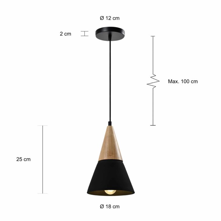 Afmetingen van de zwarte verlichting met houten kop