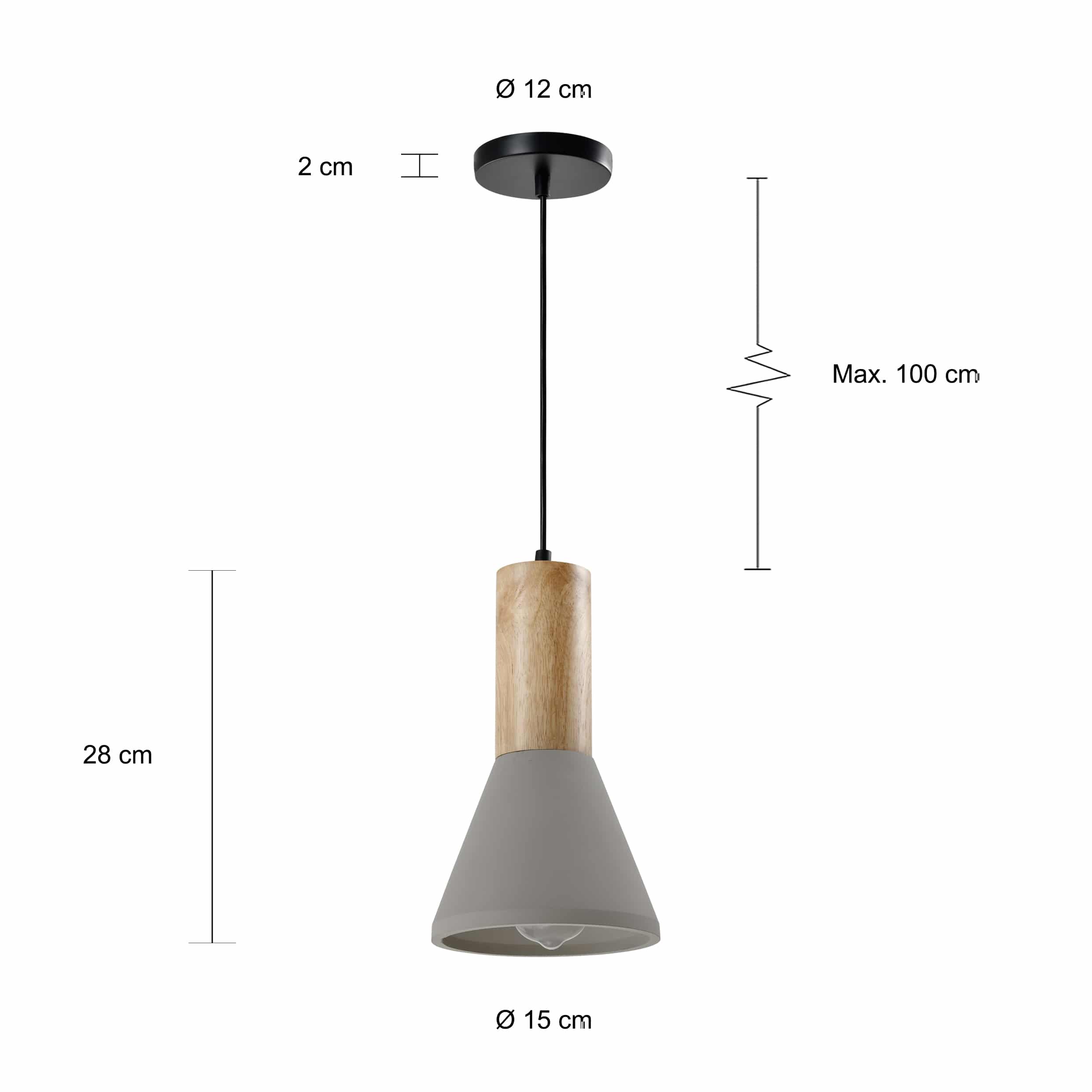 Afmetingen grijs landelijke hanglamp met een diameter van 15 cm