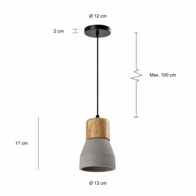 Afmetingen van simplistische betonnen lamp met houten kop