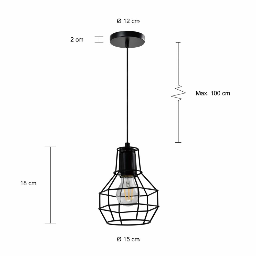 Afmetingen van de zwarte draadlamp met enkele bulb