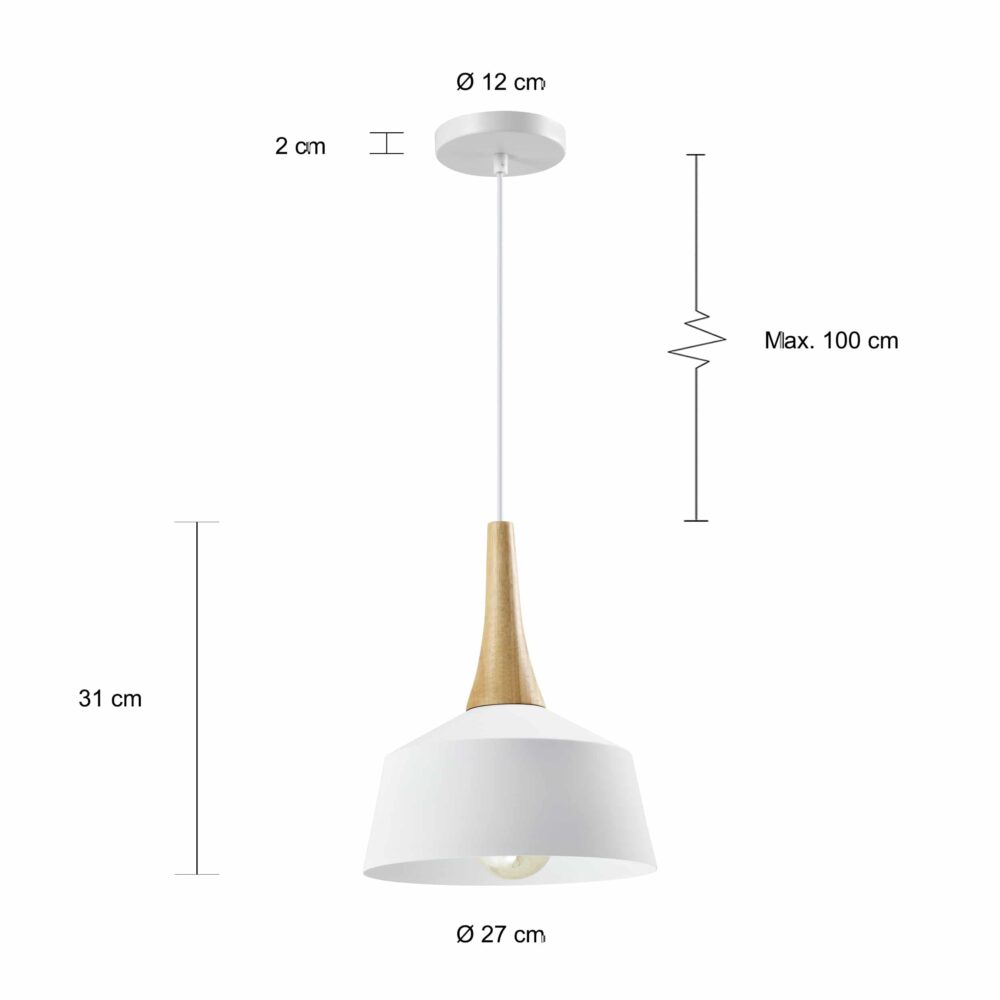 Afmetingen van de witte verlichting met een diameter van 27 cm
