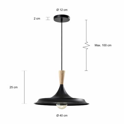 Afmetingen van de zwarte hanglamp met een diameter van 40 cm