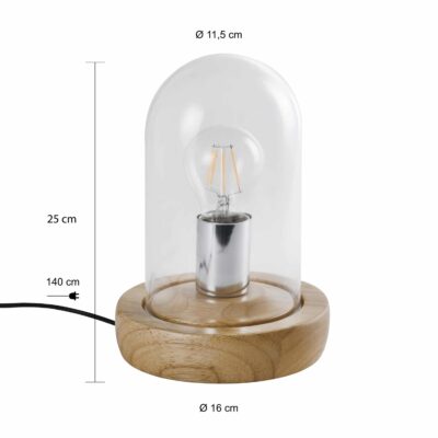Afmetingen van de Scandinavische tafellamp met glazen stolp met houten voet