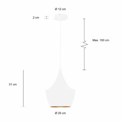 Afmetingen van de ronde verlichting in de kleur wit met koperen binnenkant