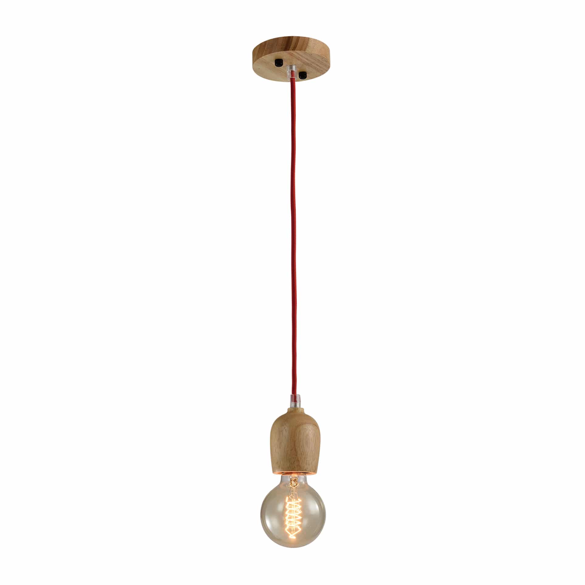 QUVIO Hanglamp retro - Houten pendel met rood snoer - Diameter 6 cm