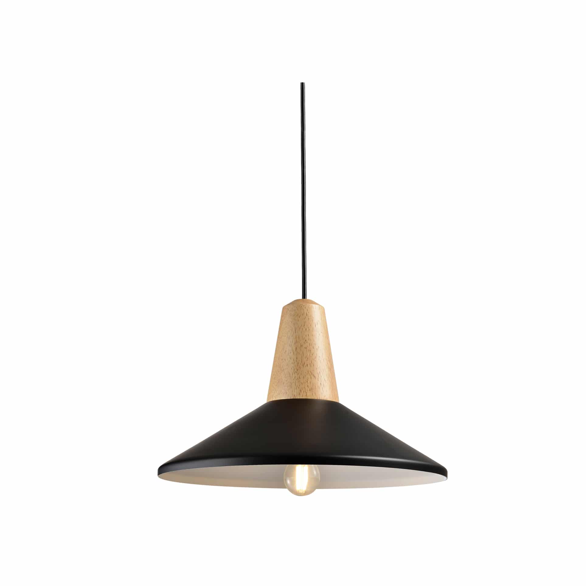 QUVIO Hanglamp modern - hoedvorm met hout - Diameter 35 cm - Zwart en bruin