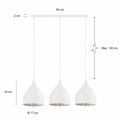Afmetingen van de 3 lampen in het wit van metaal