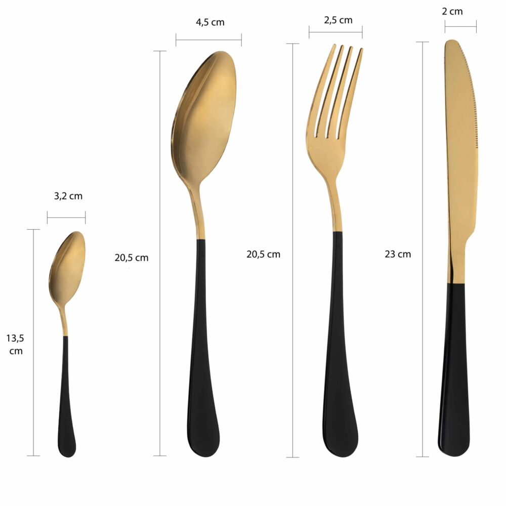 Zwart met gouden lepel, vork en mes