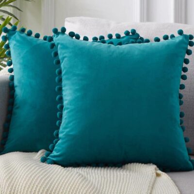 Blauw fluwelen kussenhoes met bolletjes