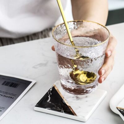 vierkanteoOnderzetter wit, zwart en goud met marmerlook