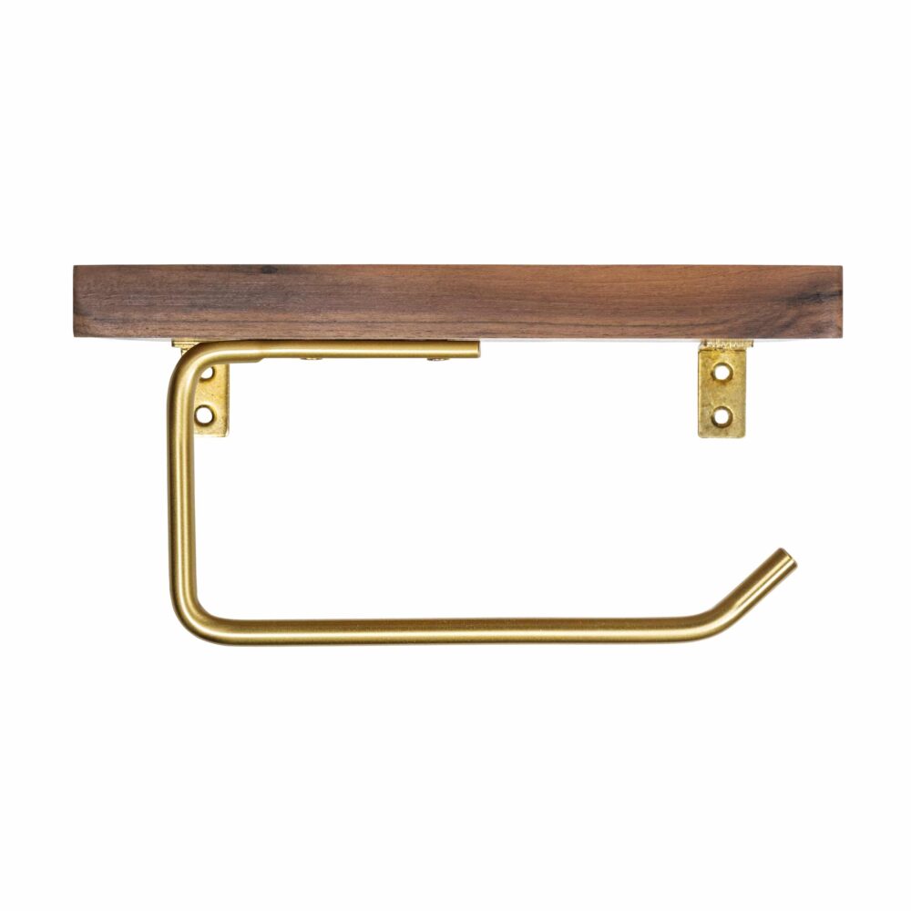 Achterkant van het plankje met wc rol houder van hout en metaal