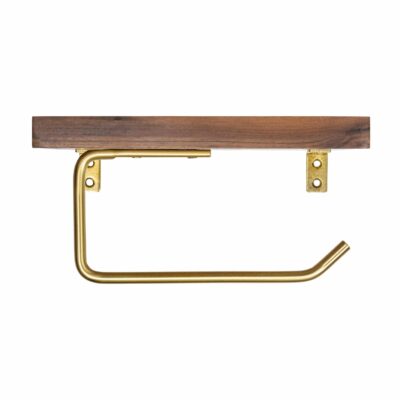 Achterkant van het plankje met wc rol houder van hout en metaal