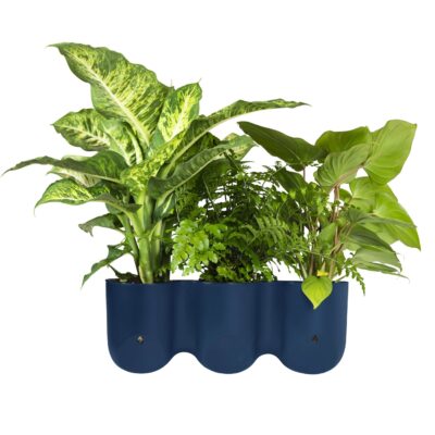 Trio bloempotten in het donkerblauw