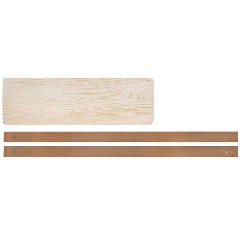 Houten wandplank met leren riemen