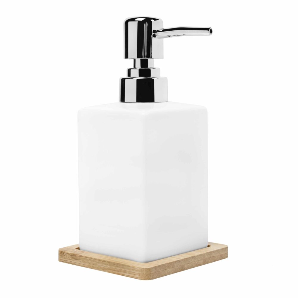 zeepdispenser met houten onderzetter wit