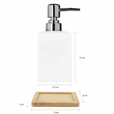 Afmetingen van de witte dispenser met houten onderzetter